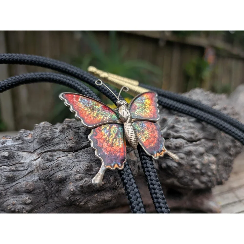 Handcrafted Stamped Metal Butterfly Bolo Tie, Butterfly Western Necklace